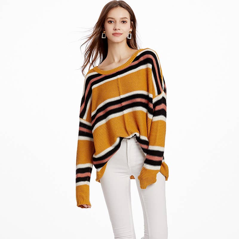 CREW NECK LOOSE STRIPED PULLOVER SWEATER