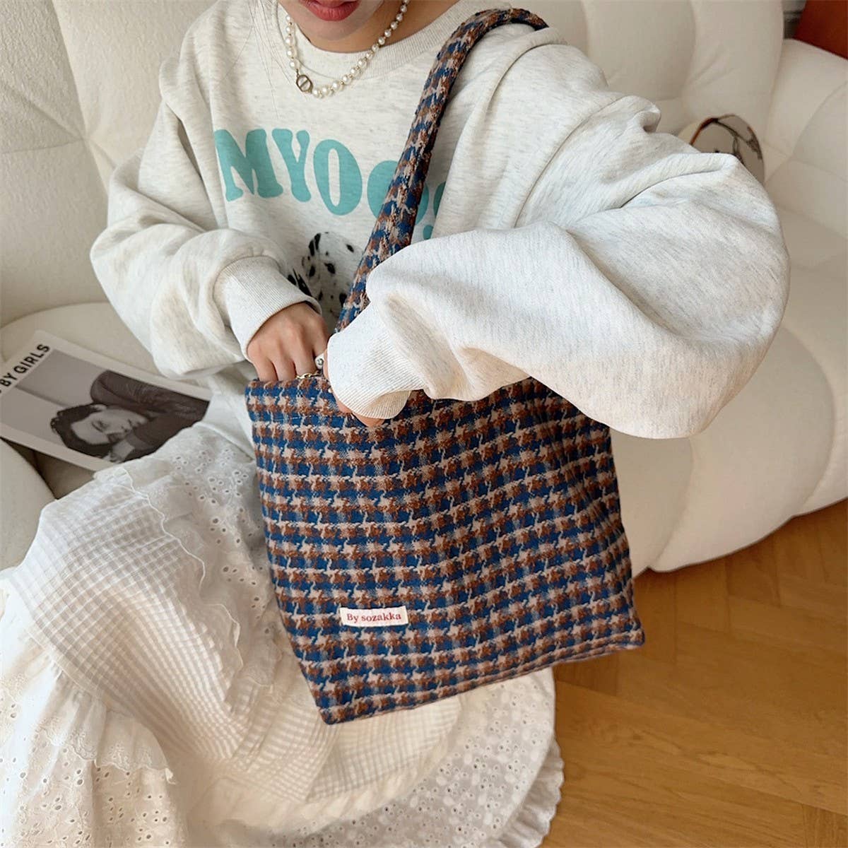 CWAB3902_HOUNDSTOOTH LARGE CAPACITY SHOULDER BAG