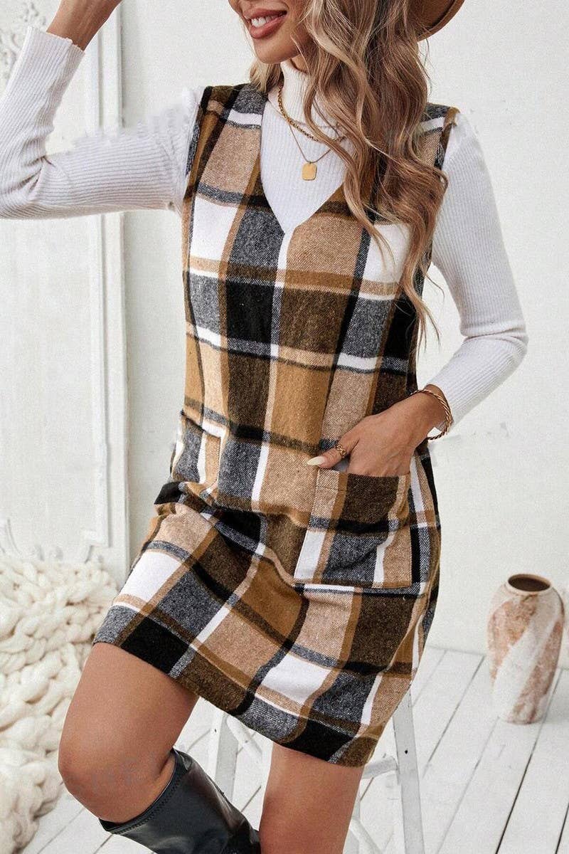 CASUAL PLAID KNEE-LENGTH SLEEVELESS V-NECK DRESS