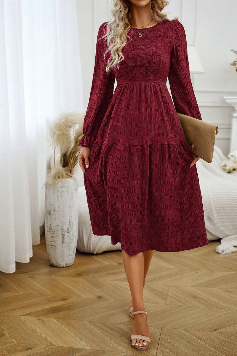 CWDMD4032_SOLID COLOR COMMUTING ROUND NECK PLEATED DRESS