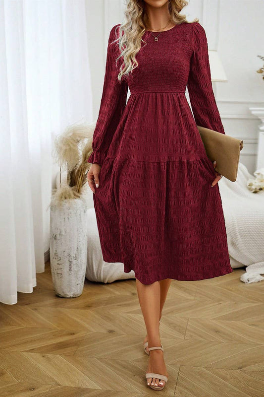 CWDMD4032_SOLID COLOR COMMUTING ROUND NECK PLEATED DRESS