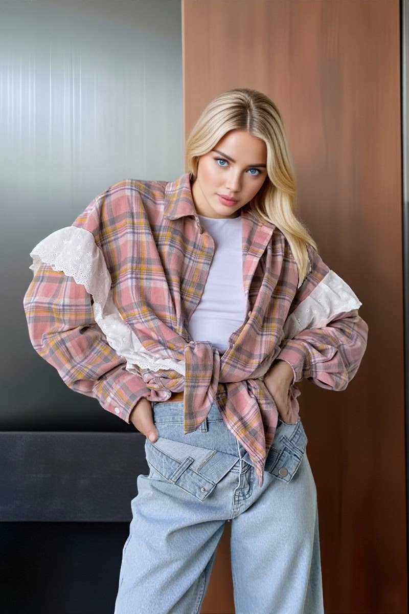 CWTBLL00586_FRESH LACE LOOSE LONG-SLEEVED PLAID SHIRT