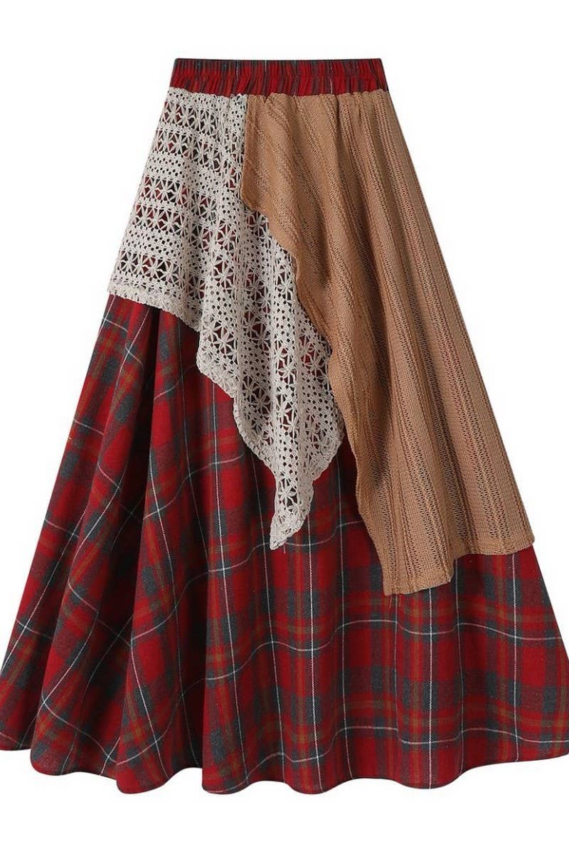 CWBLS00710_VINTAGE PLAID LACE HIGH WAIST A-LINE SKIRT