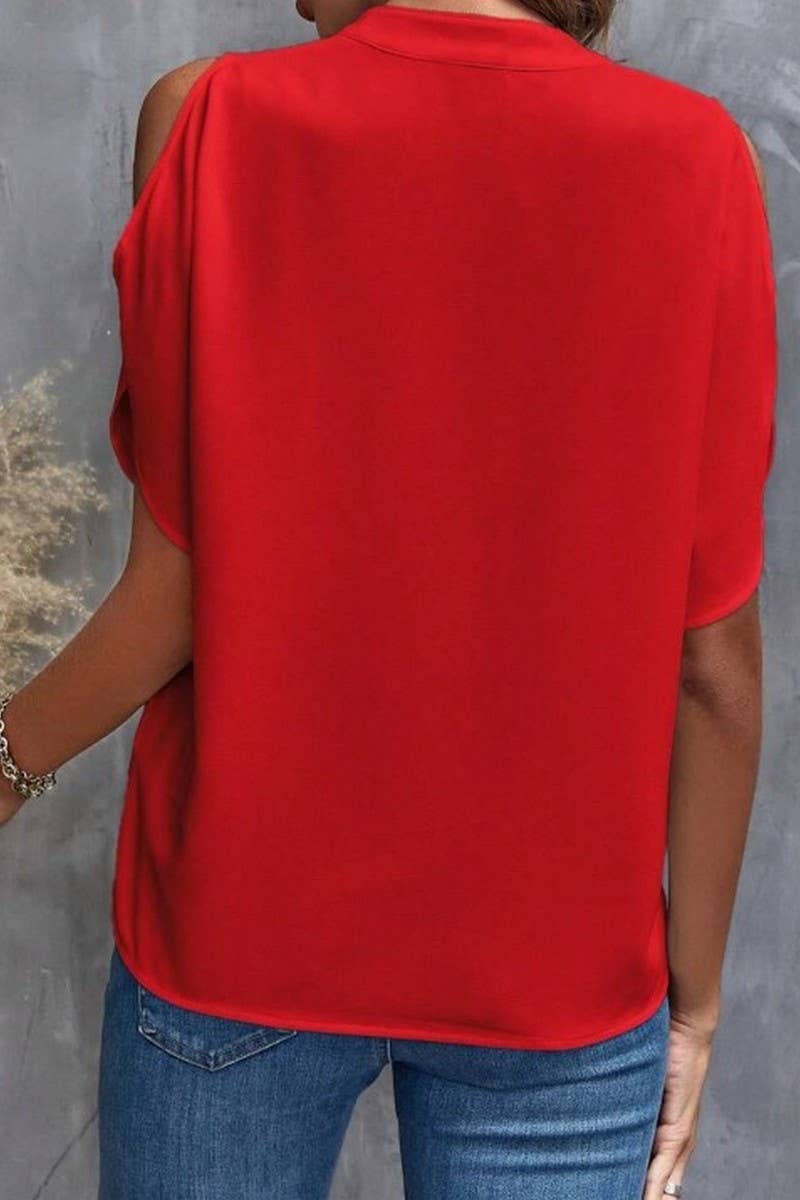 CWTBLS0609_SOLID COLOR V NECK OFF SHOULDER LOOSE CHIFFON TOP