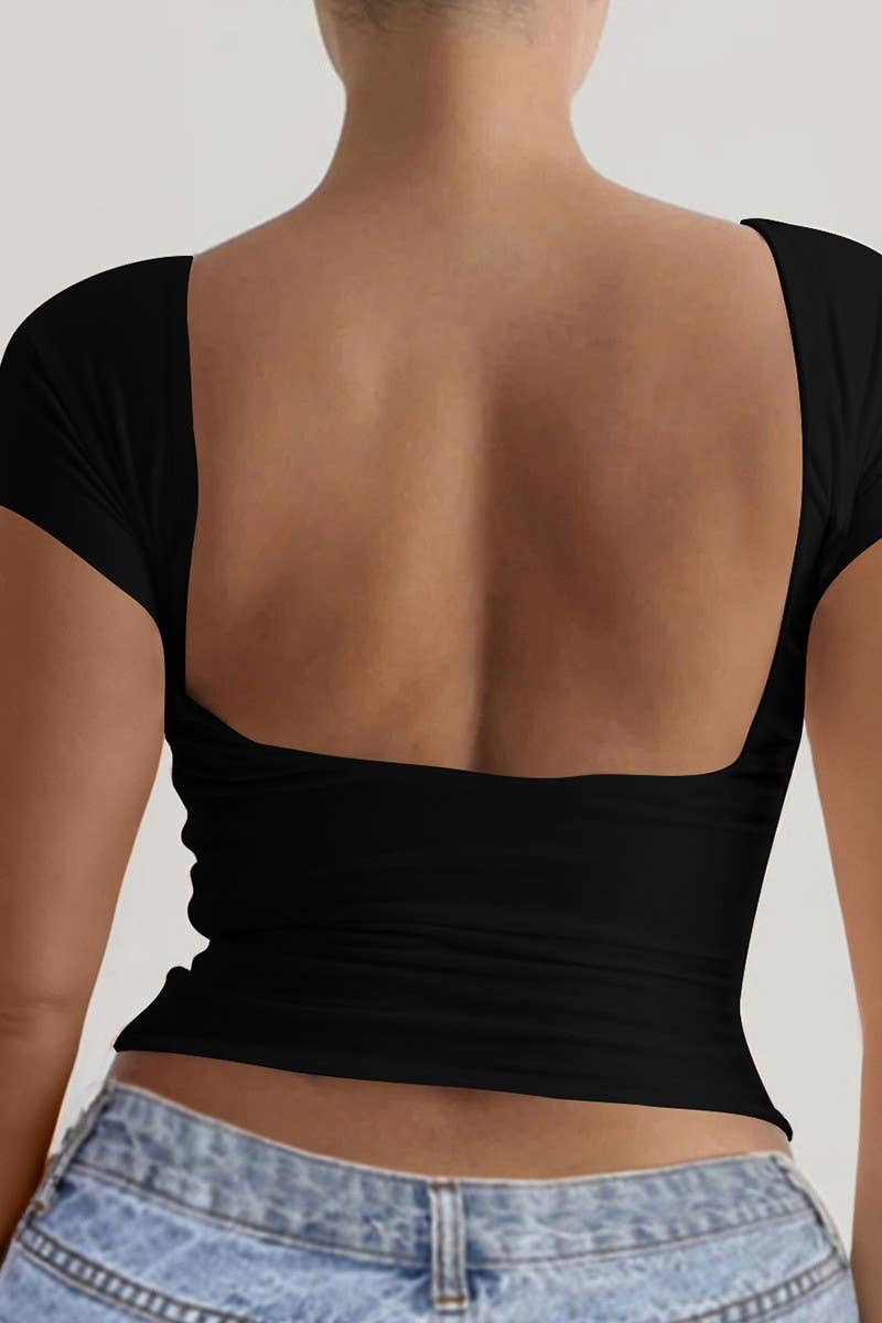 CWTBLS1584_ROUND NECK OPEN BACK SHORT SLEEVE TOP