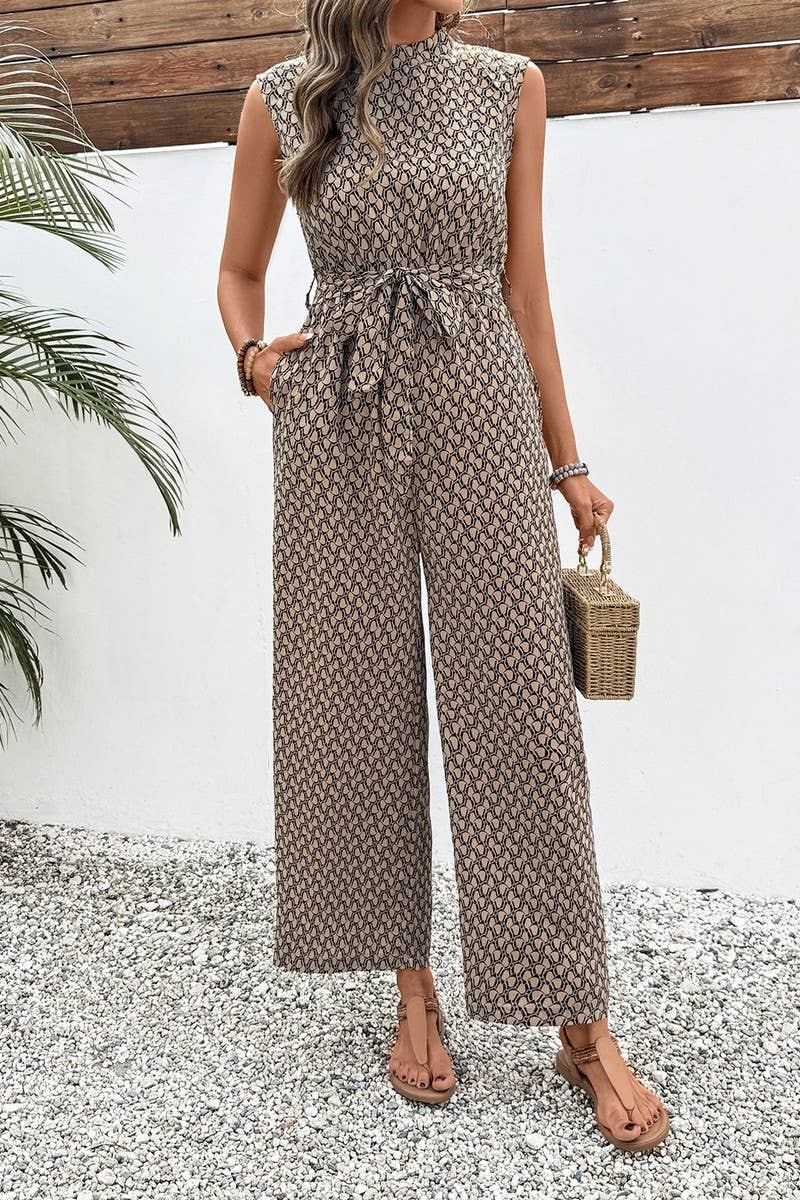 CWSJS1551_SUMMER GEOMETRIC PRINT SLEEVELESS TIE JUMPSUIT