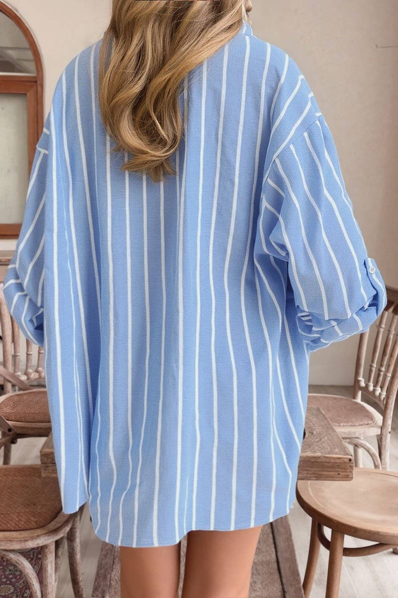 CWTSTL00963_LOOSE POLO COLLAR STRIPED WORK SHIRT TOP