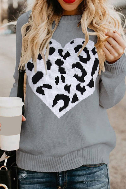 CWOSWL5177_WINTER LEOPARD PRINT LOVE LONG-SLEEVED SWEATER