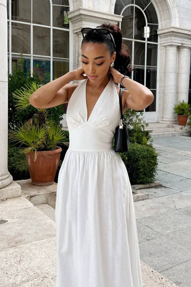 CWDHL0835_COTTON V-NECK TIE-WAIST FLOWY MAXI DRESS