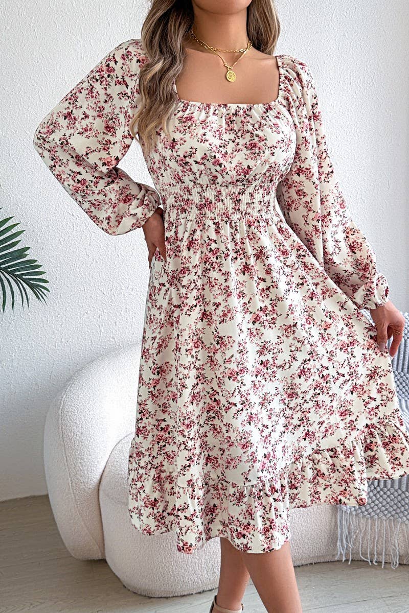 CWDMD6025_FLORAL SQUARE NECK LONG SLEEVE RUFFLE DRESS
