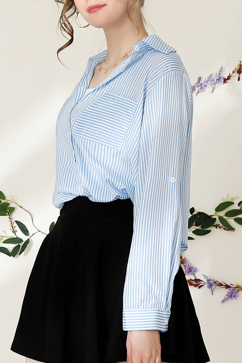 CWTSTL716_Striped Button Down Long Sleeve Collared Shirts