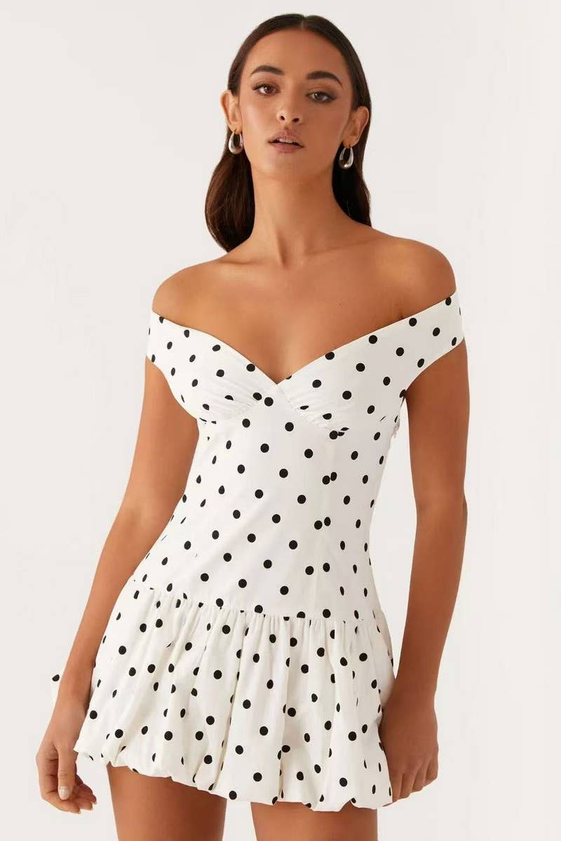 CWDSD8531_SEXY OFF-SHOULDER POLKA DOT MINI DRESS