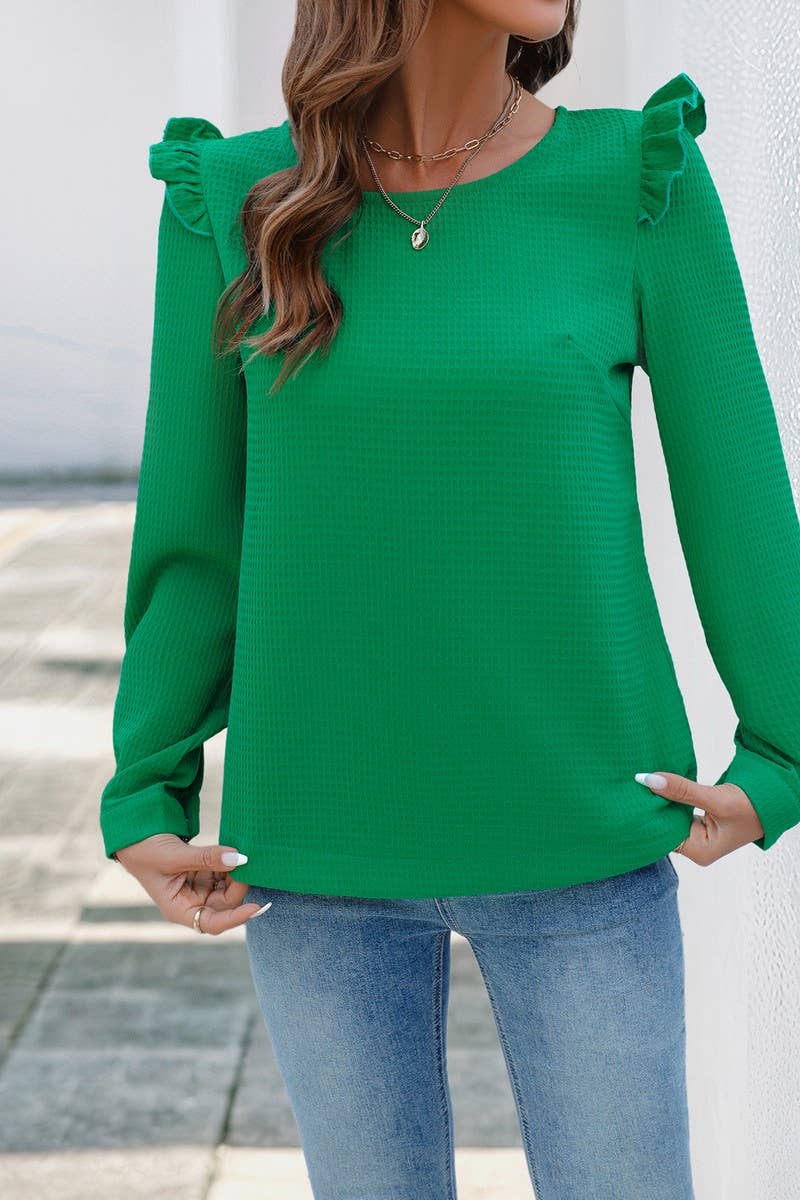 CWTBLL4036_TEXTURED RUFFLE LONG SLEEVE SOLID BLOUSE