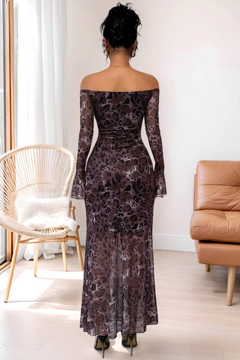 CWDMD6282_OFF-SHOULDER MESH LEOPARD PRINT LONG SLEEVE DRESS