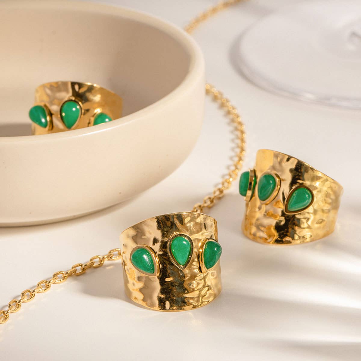 GREEN NATURAL STONE WIDE RINGS STAINLESS STEEL