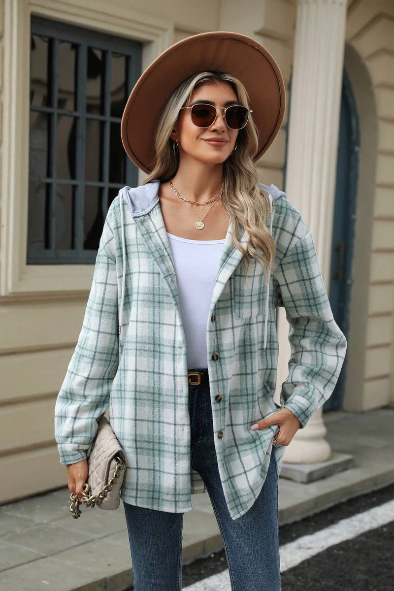 CWOCO0491_HOODED BUTTON-DOWN PLAID LONG-SLEEVED COAT