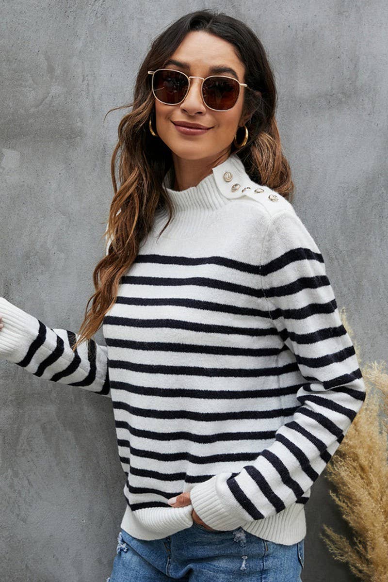 CWOSWL2685_STAND COLLAR LOOSE STRIPED KNIT TOP