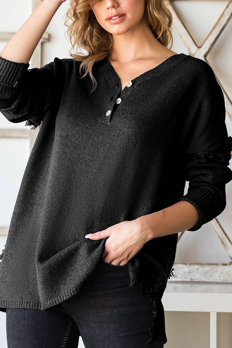 CWOSWL646-P_BUTTON DOWN FRINGE SHOULDER SWEATER KNIT TOP