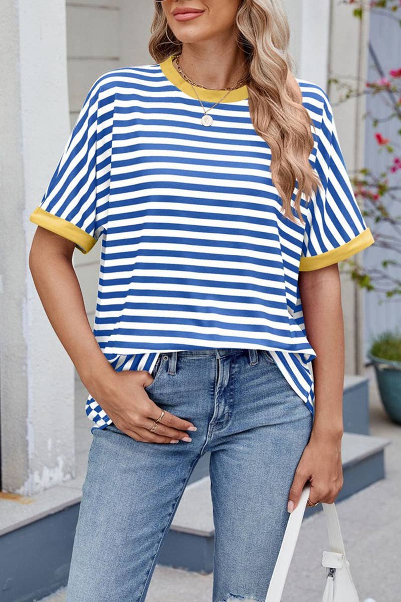 CWTTS1343_SUMMER STRIPED CONTRAST LOOSE SHORT SLEEVES