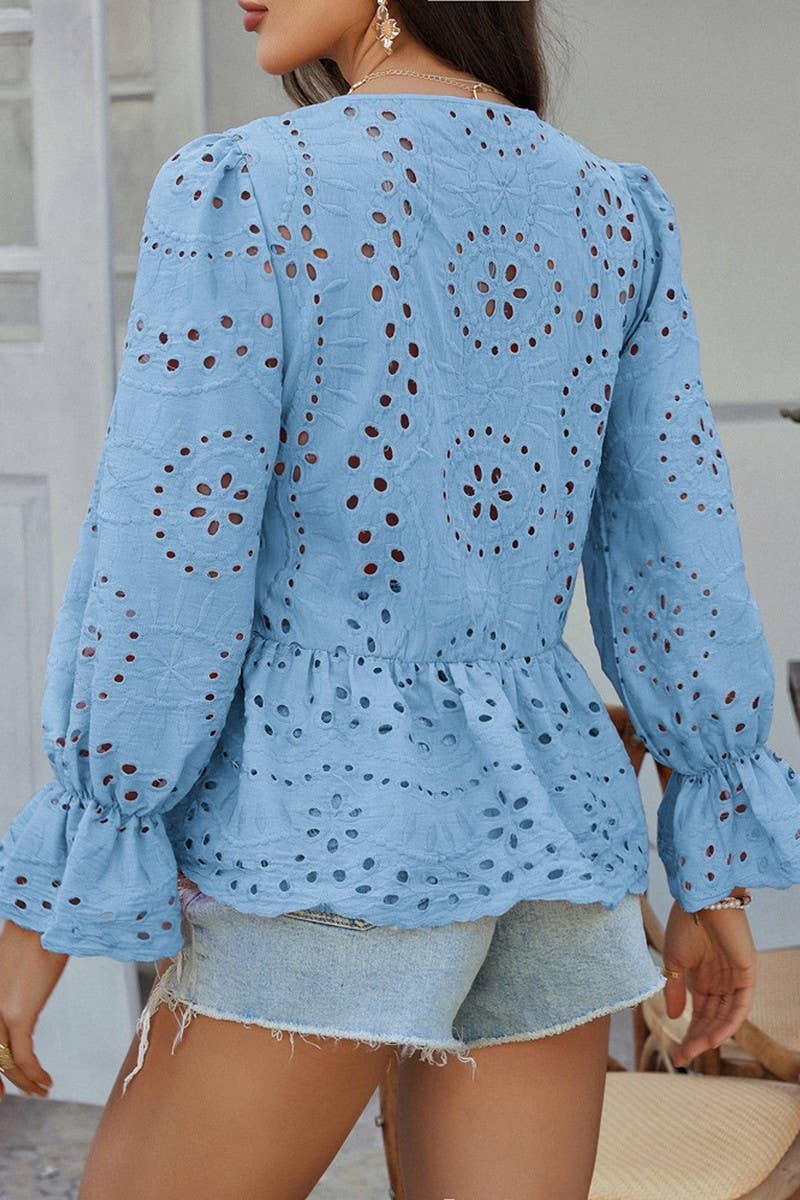 CWTBLL3595_LOOSE TIE SOLID COLOR HOLLOW TOP SHIRT