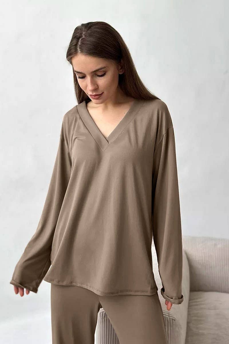 CWSPJ0322_KNITTED V-NECK LONG-SLEEVED TROUSERS PAJAMA SET