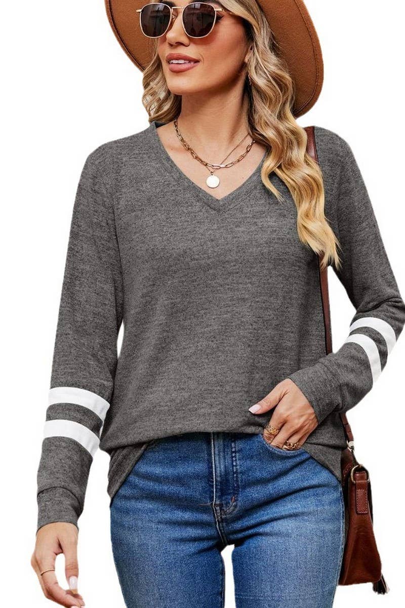 CWTBLL2392_V-NECK LONG-SLEEVED CONTRAST COLOR LOOSE TOP