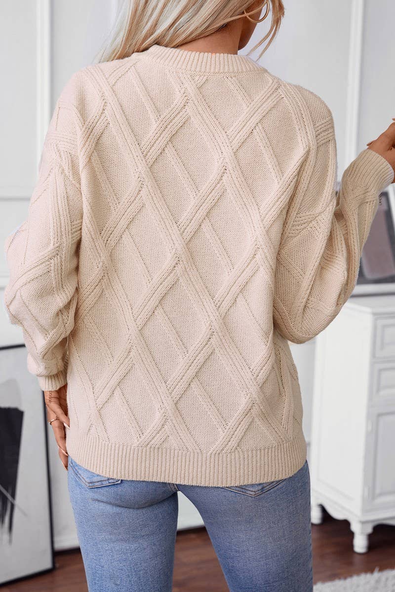 CWOSWL2809_LOOSE-FITTING DIAMOND-KNIT PULLOVER SWEATER