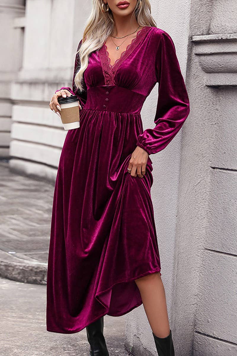 CWDMD3737_V-NECK SOLID COLOR GOLD VELVET LONG-SLEEVED DRESS