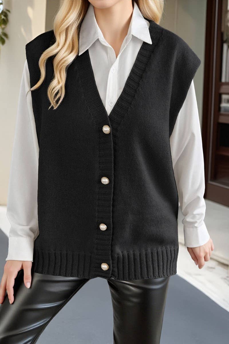 CWOJA00764_WOMEN PEARL BUTTON KNIT VEST CARDIGAN