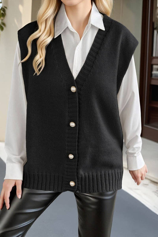 CWOJA00764_WOMEN PEARL BUTTON KNIT VEST CARDIGAN