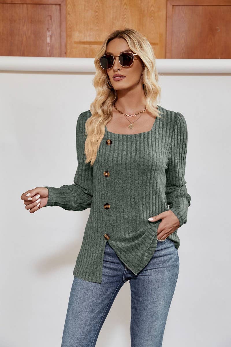 CWTBLL4014_RIBBED SQUARE NECK PUFF SLEEVE SPLIT HEM TOP