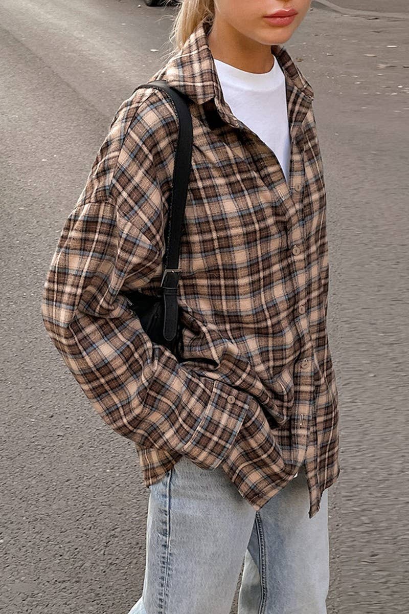 CWTBLL00719_RETRO LOOSE CASUAL PLAID LONG-SLEEVED SHIRT