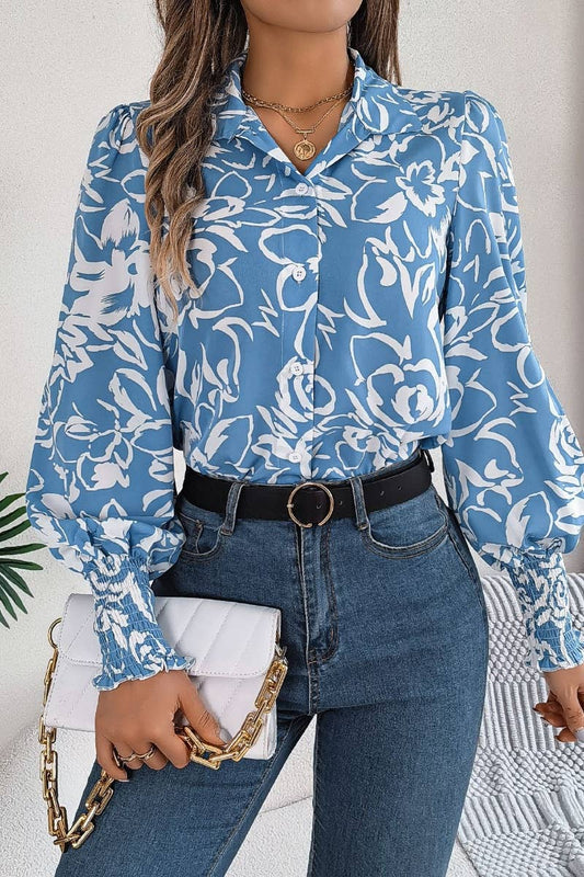 CWTSTL2127_AUTUMN FLOWER PRINT LANTERN SLEEVE SHIRT