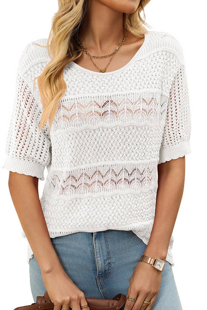 CWOSWS0128_CREW NECK HOLLOW KNIT CROCHET SHORT SLEEVE TOP