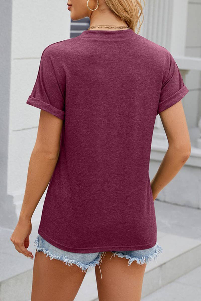 CWTTS1348_SOLID COLOR V-NECK BUTTON SHORT-SLEEVED T-SHIRT