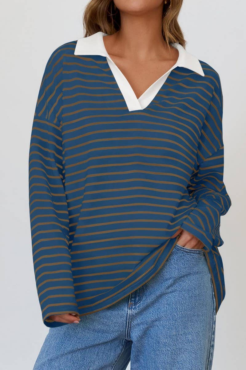 CWTBLL1811_LAPEL STRIPED V-NECK LOOSE SWEATSHIRT