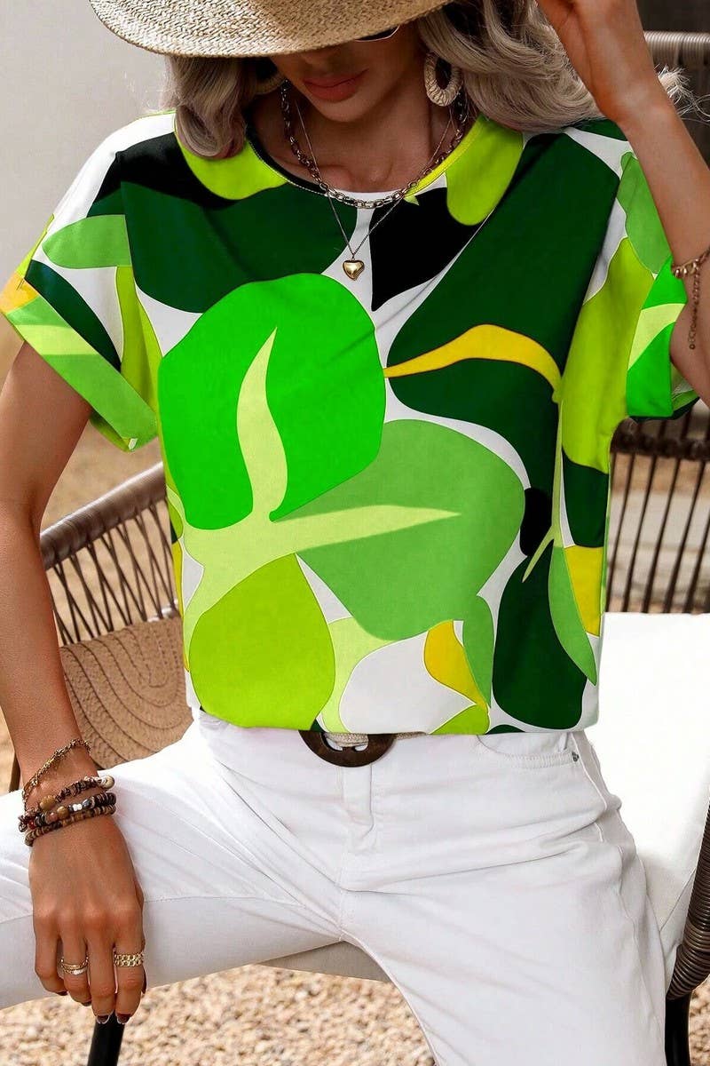 CWTTS1380_SUMMER FASHION PRINTED U-NECK SHORT SLEEVE TOP