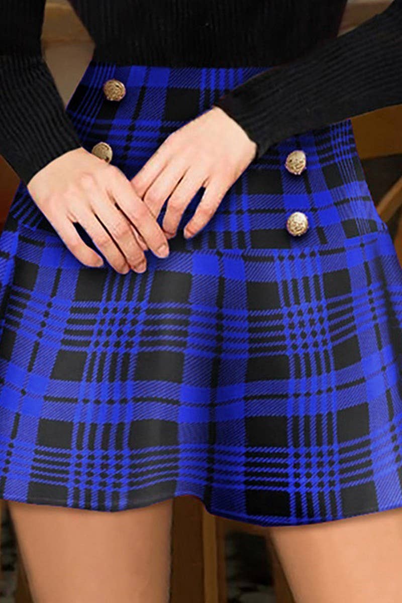 CWBSS0477_PLAID PRINT BUTTON HIGH WAIST MINI SKIRT