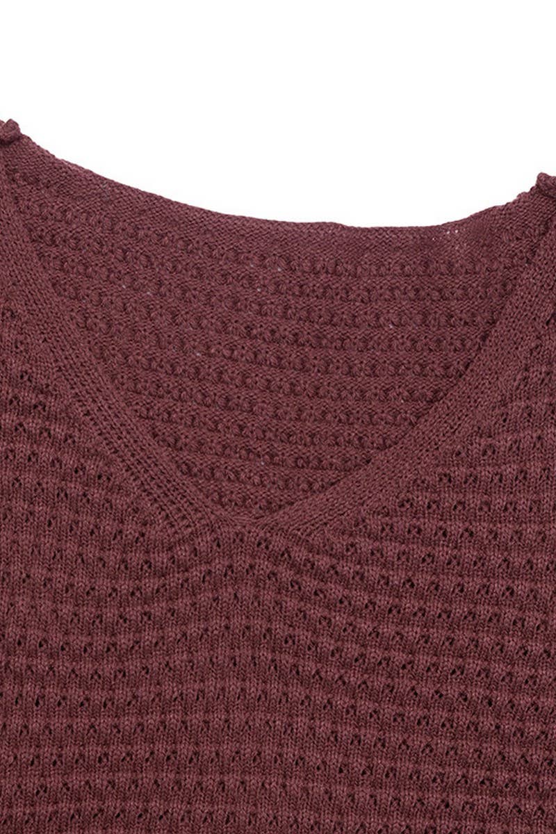 CWDSD10582_V NECK PUFF SLEEVE SOLID KNIT SWEATER DRESS