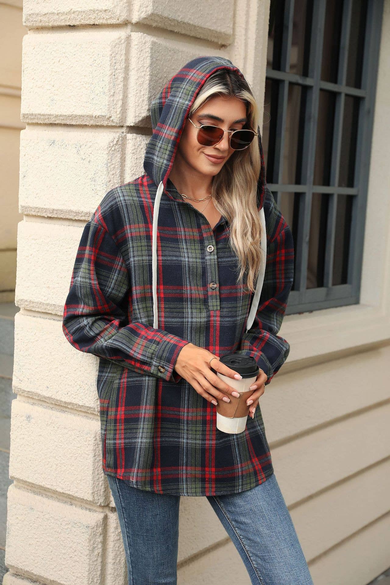 Checked hooded loose long-sleeved sweatshirt