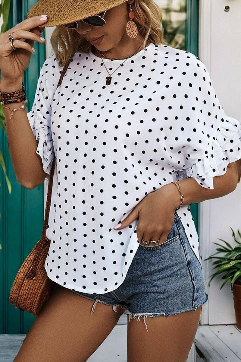 CWTBLS0941_POLKA DOT BAT SLEEVE RUFFLE SHIRT