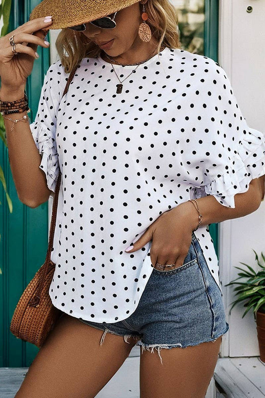 CWTBLS0941_POLKA DOT BAT SLEEVE RUFFLE SHIRT