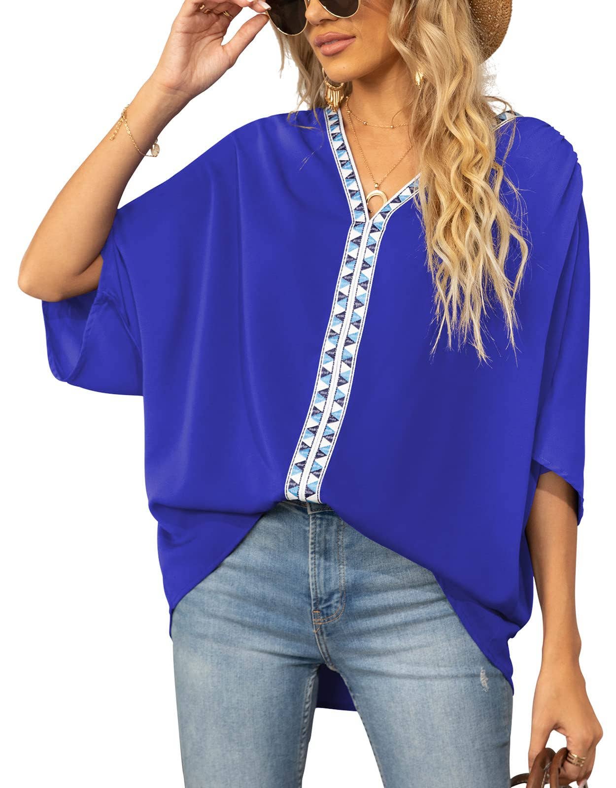 BAT-SLEEVED CHIFFON V-NECK SHORT-SLEEVED SHIRT