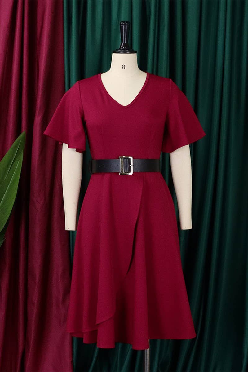 CWDSD3579_PLUS SIZE BELL SLEEVE SOLID COLOR MIDI DRESS