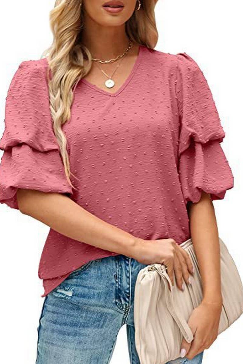 CWTBLS02488_V-NECK LANTERN SLEEVE DOT CHIFFON TOP