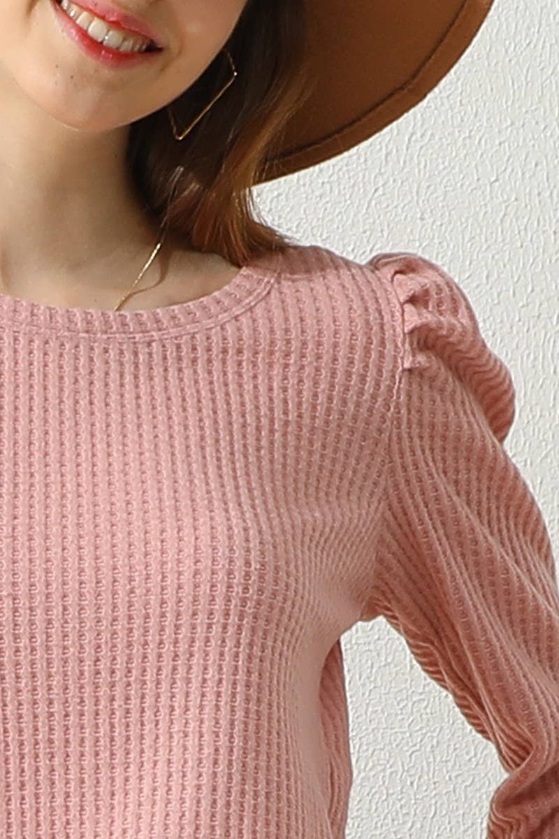 CWTTL913_PUFF SHIRRING LONG SLEEVE KNIT TUNIC WAFFLE TOP