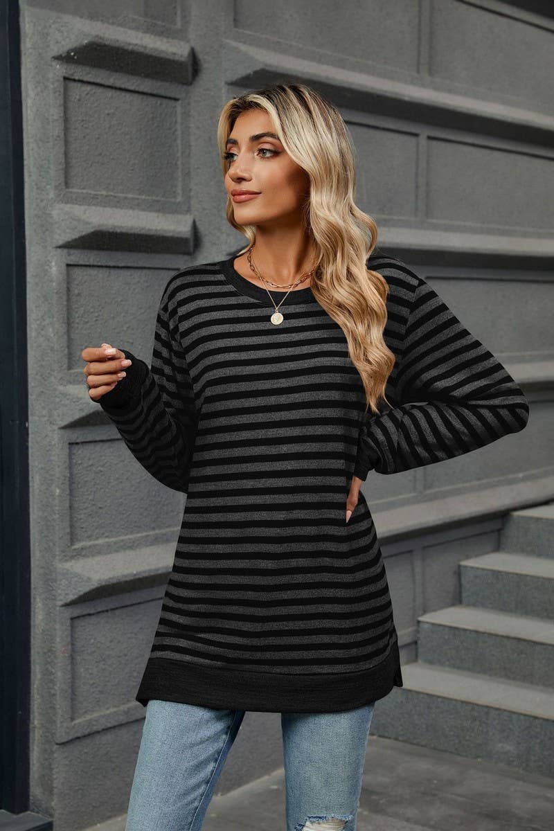 CWTBLL2354_ROUND NECK STRIPED COLORBLOCK LOOSE T-SHIRT TOP