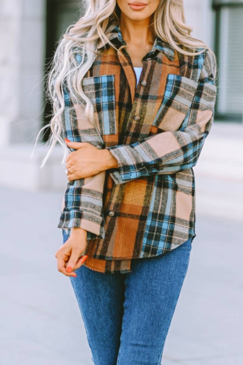 CWTSTL2393_AUTUMN CASUAL POCKET PLAID LONG-SLEEVED SHIRT