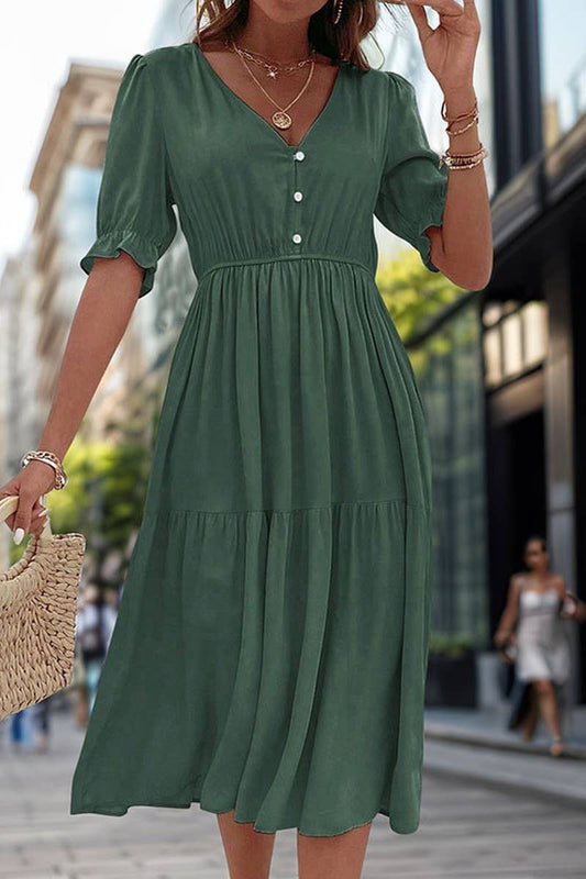 CWDMD2513_WAIST V-NECK SOLID COLOR DRESS