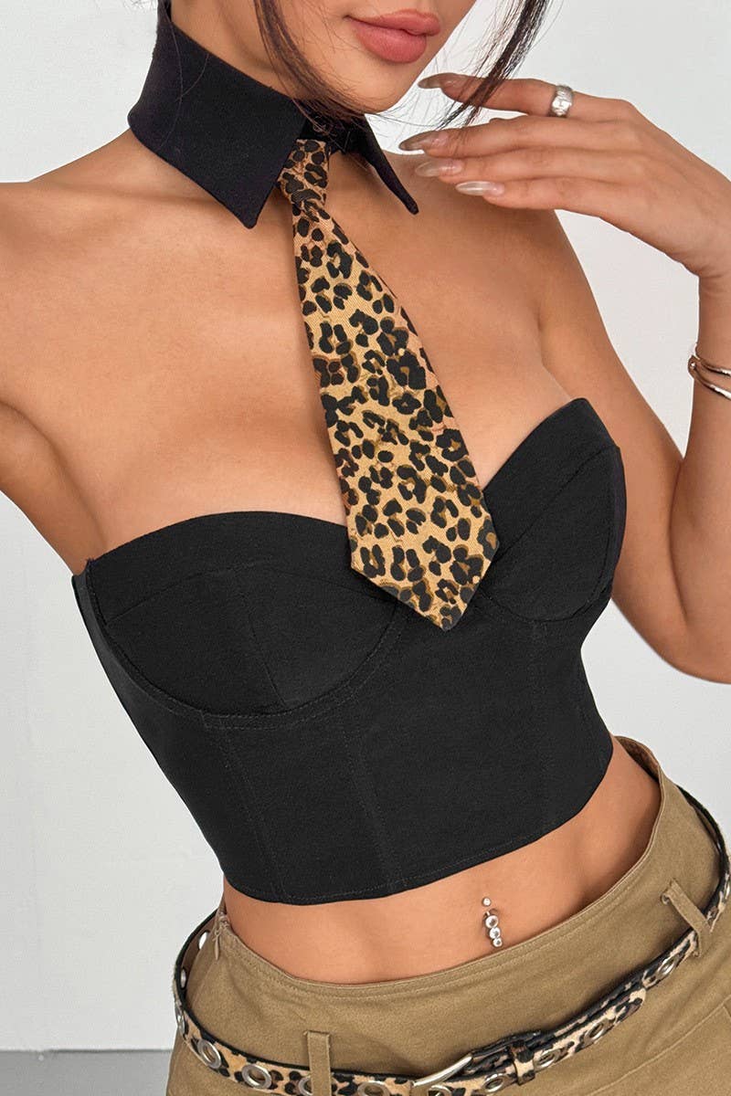 CWTTT0056_LEOPARD PRINT TIE WRAP HERRINGBONE TANK TOP